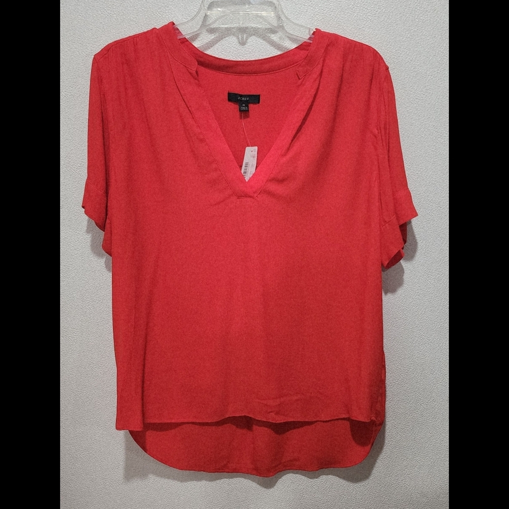 J.Crew Blouse Size Medium Bright Red Pullover Vneck Short Sleeve Textured
